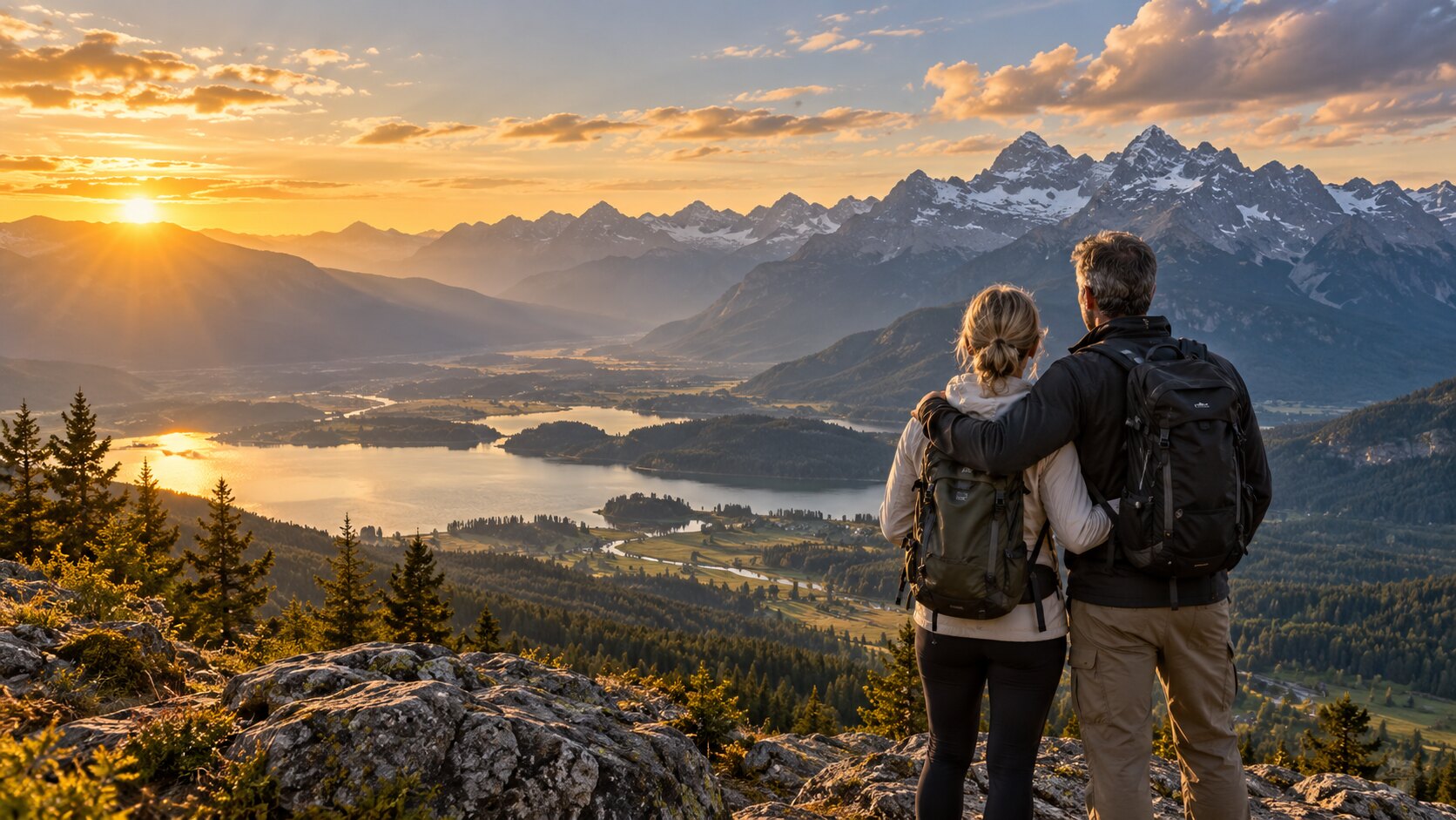 A couple overlooking a mountain valley at sunset